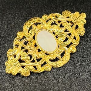 Vintage Mother of Pearl MOP Brooch Lacy Filigree Gold Tone BEAUTIFUL 1487